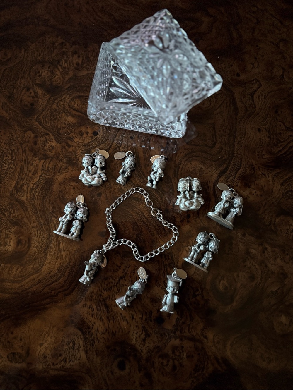 Vintage 1981 Precious Moments Charm Bracelet. Crystal Trinket Box Included!